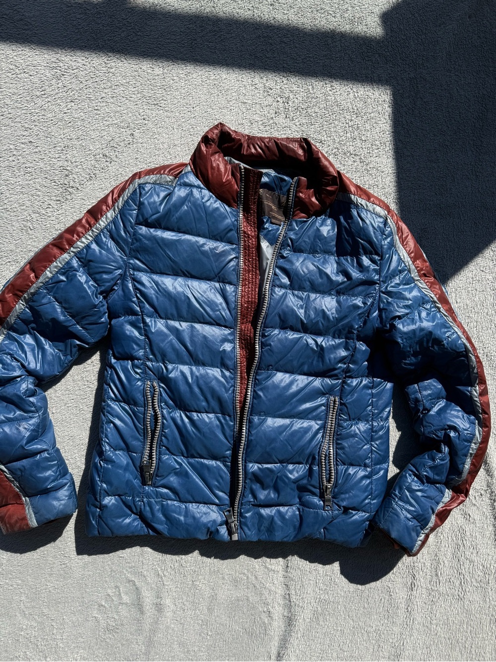 Vintage Blue Quilted Puffer Jacket with Burgundy Trim